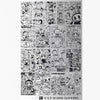 Sheet of black and white cartoon character stickers with various designs.