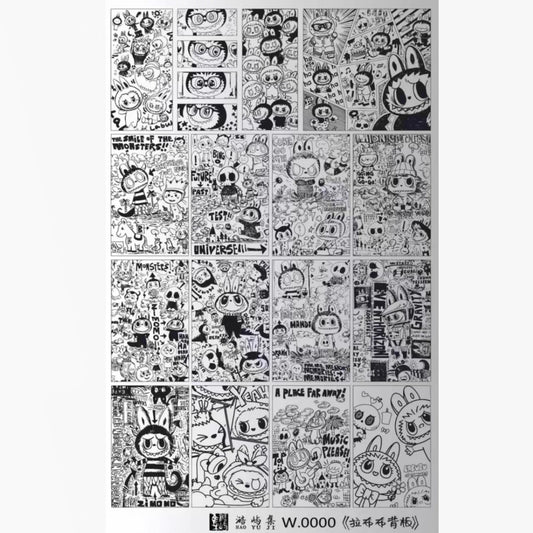 Sheet of black and white cartoon character stickers with various designs.