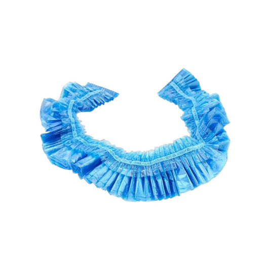 Blue ruffled plastic disposable spa liner bag for pedicure bowl on a white background