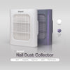 Two Nail Dust Collectors, one white and one purple, with a clean and modern design, featuring a front grille and control panel.
