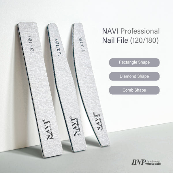 A set of three NAVI professional nail files with different shapes: rectangle, diamond, and comb. The files are marked with the grit size of 120/180 and the brand name NAVI.