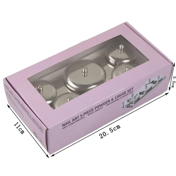 5Pcs Acrylic Powder Liquid Cup, Stainless Steel Powder Storage Box with Nail Brush Holder