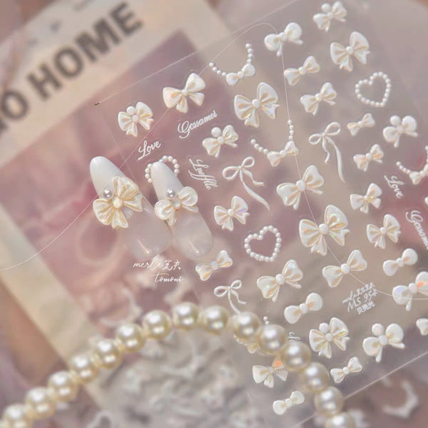 3D Embossed Shell Shine Nail Stickers Pearl Bow Nail Decals