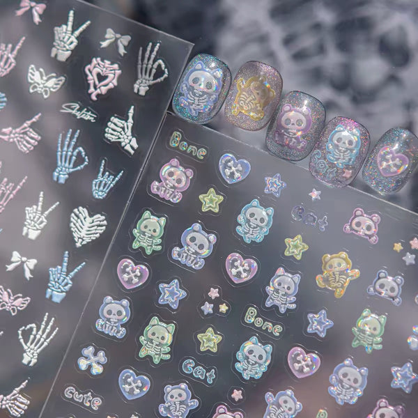 3D Skull Bone Gesture Heart Nail Stickers