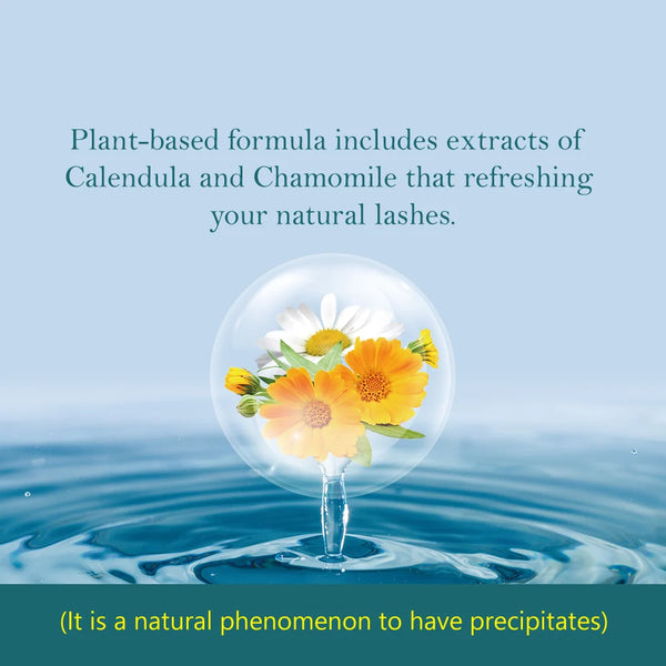 A promotional graphic with text about plant-based formula extracts of calendula and chamomile, showing a clear glass orb containing yellow and white flowers above rippling blue water. A teal banner at the bottom contains yellow text about precipitates.