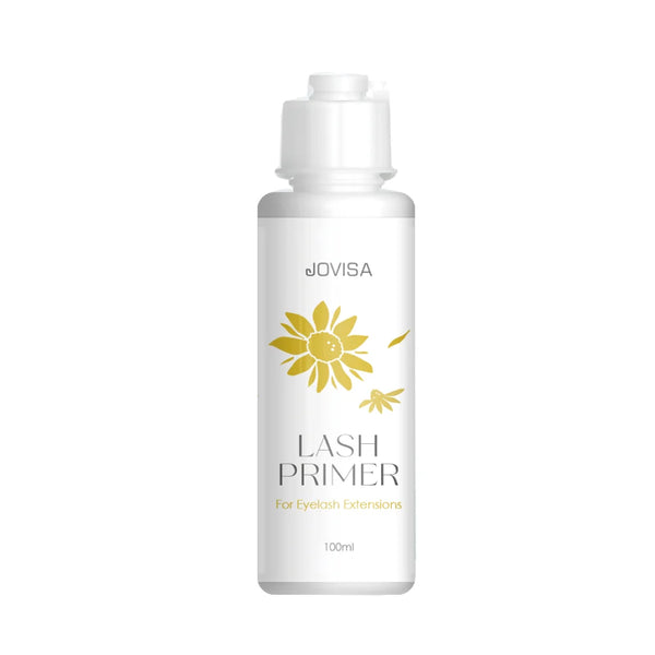 A 100ml white bottle of JOVISA Lash Primer with a white flip-top cap, featuring a yellow flower graphic and black and gold text on the label, set against a plain white background.