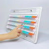 Colorful stamp set on a white background with a hand trying out the different color