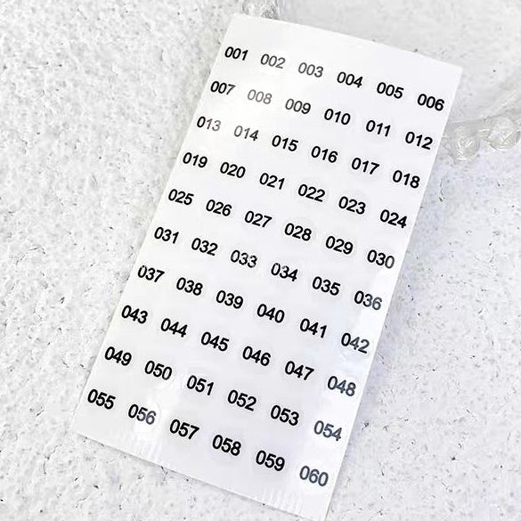 Sheet of numbered labels on a textured surface