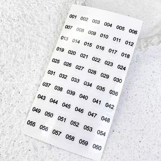 Sheet of numbered labels on a textured surface