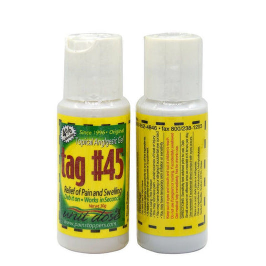Two bottles of Tag #45 Topical Anesthetic Gel, one in front of the other, with labels facing forward. The labels are primarily yellow and white, with text detailing product information.