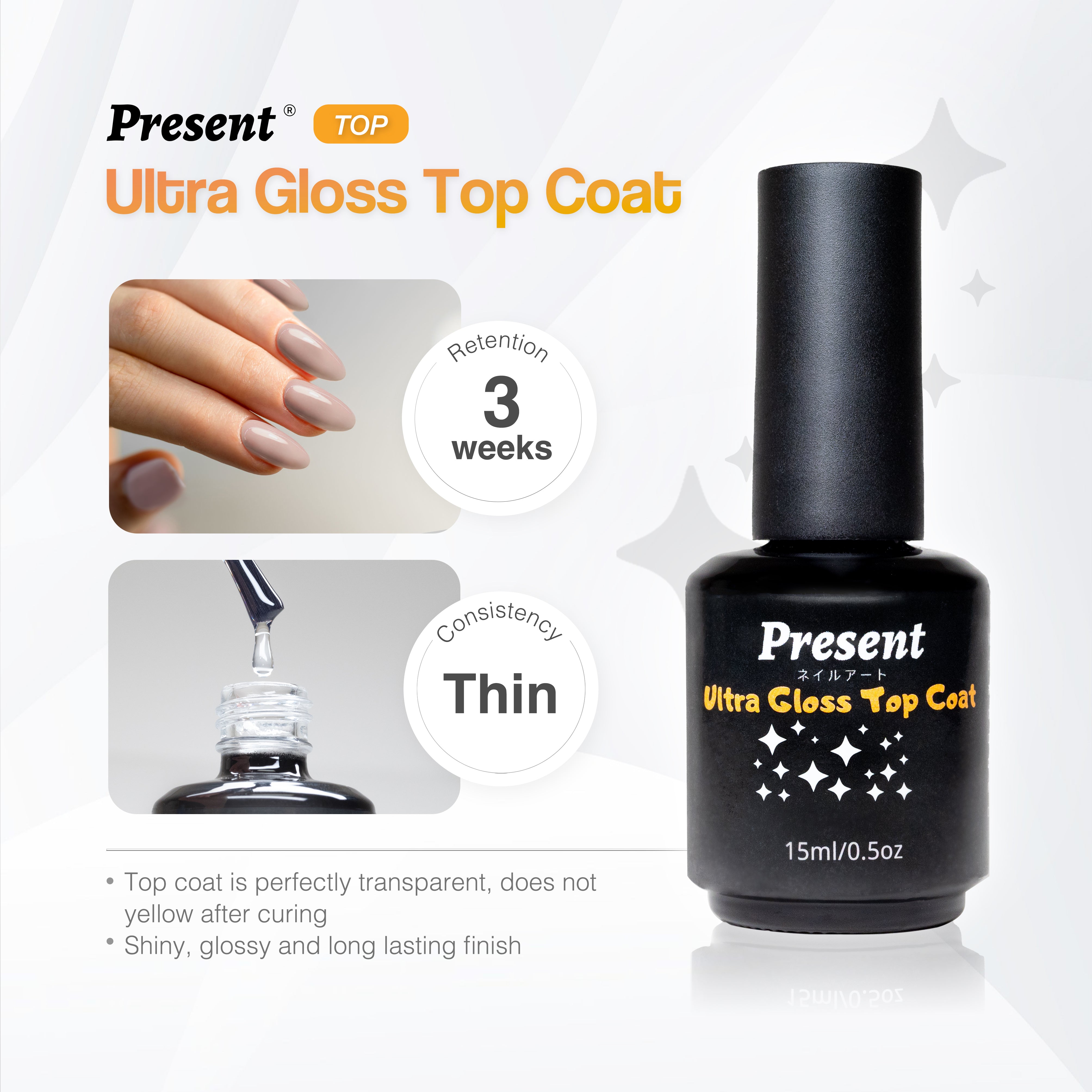 Base/Top Coat Gel Polish (No Wipe) 15ml - Present