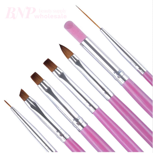 Nail Art Brush Set All-in-one with Cuticle Pusher (7pcs Pink)